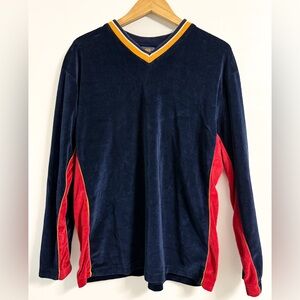 Route 66 90s Velour V-Neck Sweatshirt L Navy Red Gold Retro Varsity Streetwear